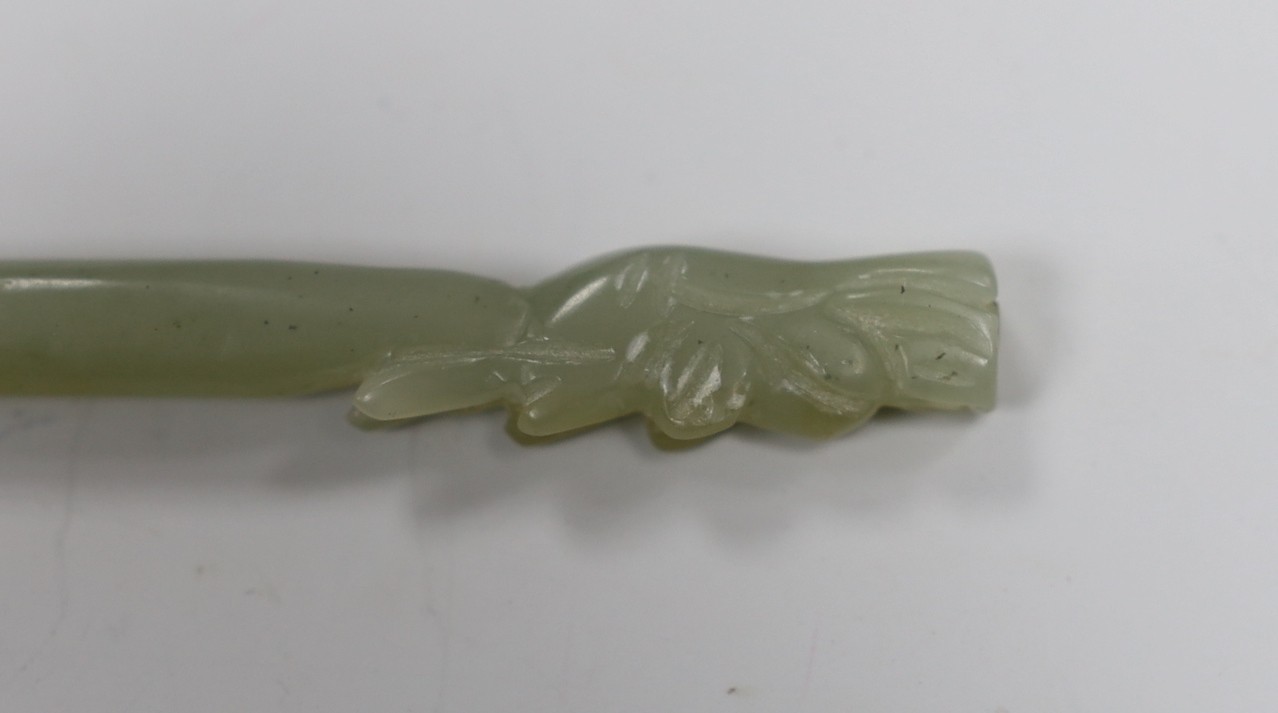 A Chinese jade hairpin, 21cm, a hardstone plaque, and an alabaster bowl